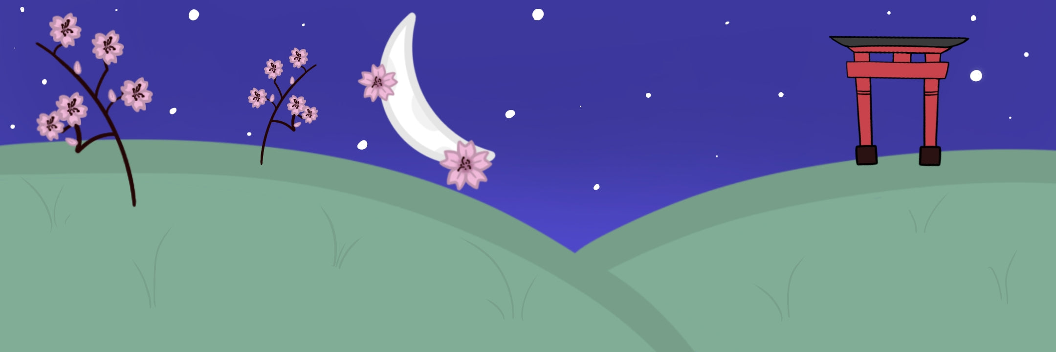 Simplified landscape with cherry blossoms, moon, and torii gate against a night sky.